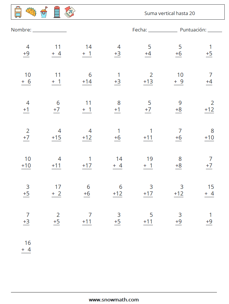 (50) Suma vertical hasta 20 Hojas de trabajo de matemáticas 8