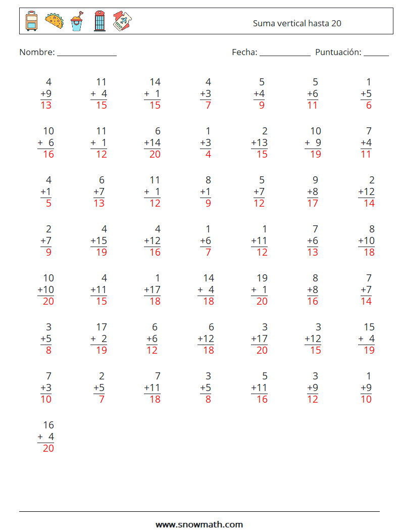 (50) Suma vertical hasta 20 Hojas de trabajo de matemáticas 8 Pregunta, respuesta