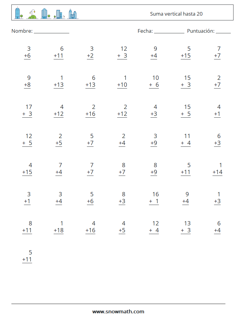 (50) Suma vertical hasta 20 Hojas de trabajo de matemáticas 9