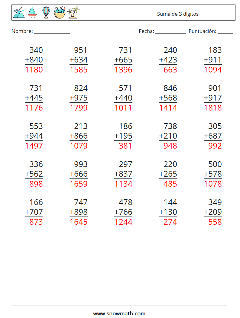 (25) Suma de 3 dígitos Hojas de trabajo de matemáticas 17 Pregunta, respuesta