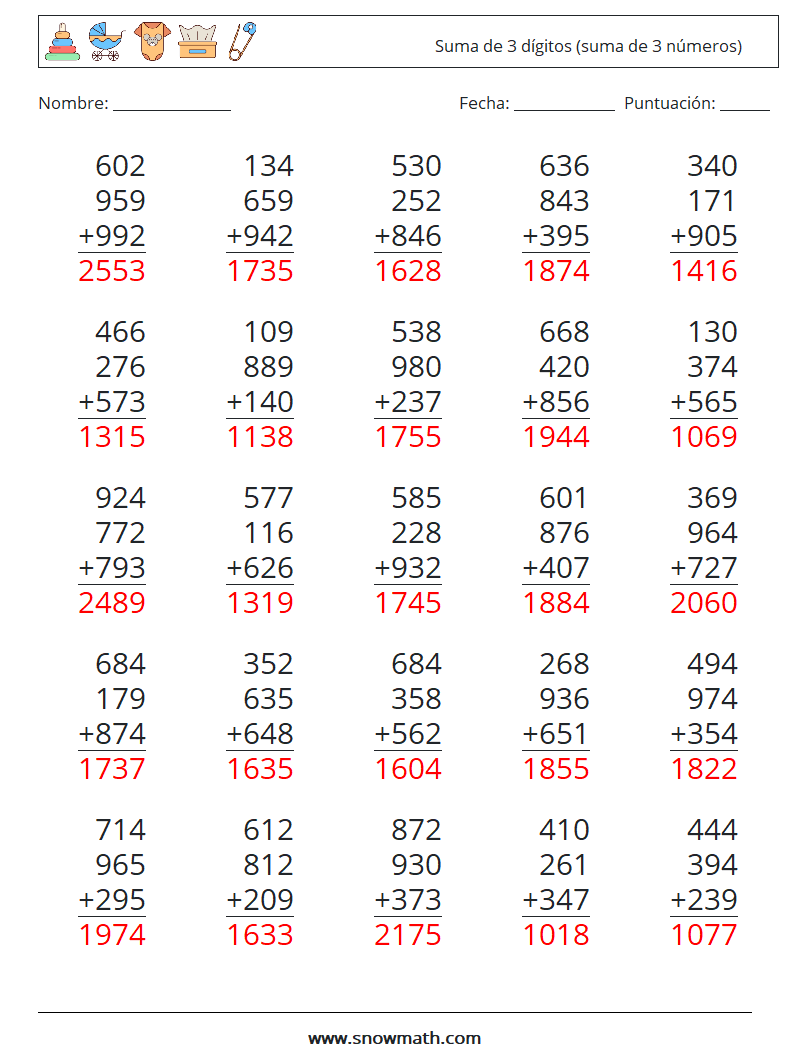 (25) Suma de 3 dígitos (suma de 3 números) Hojas de trabajo de matemáticas 11 Pregunta, respuesta