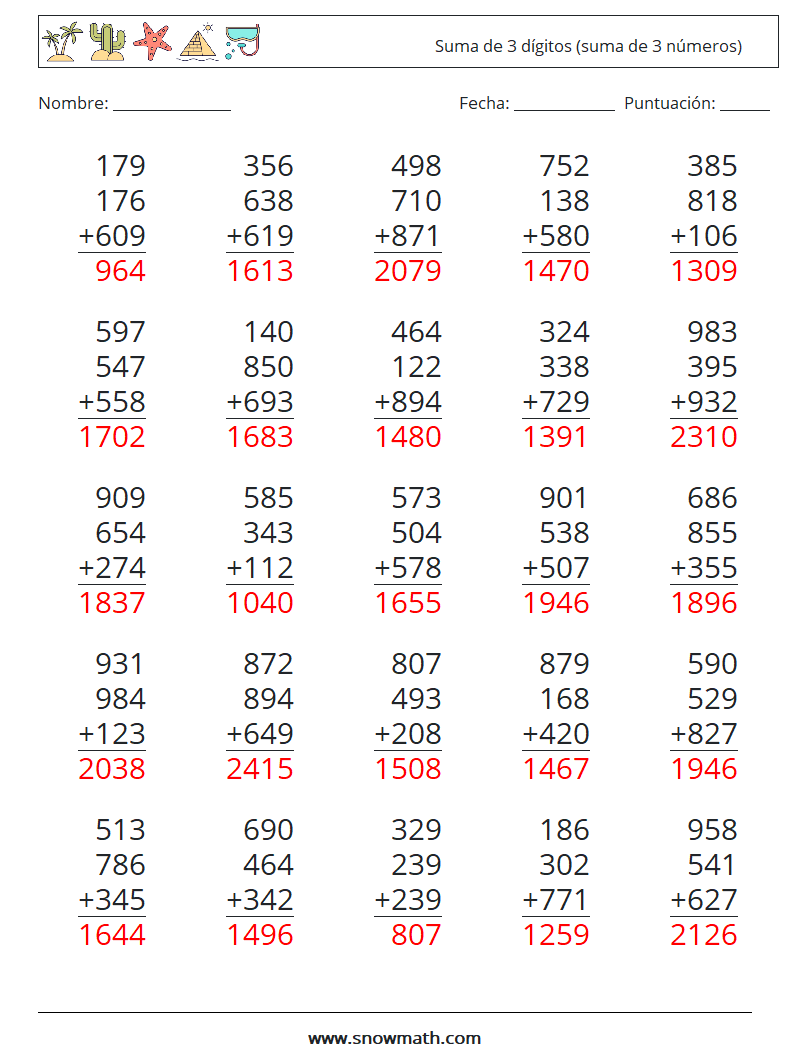 (25) Suma de 3 dígitos (suma de 3 números) Hojas de trabajo de matemáticas 14 Pregunta, respuesta