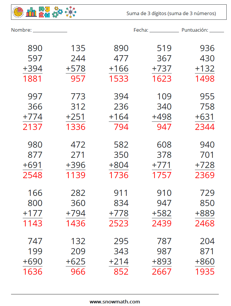 (25) Suma de 3 dígitos (suma de 3 números) Hojas de trabajo de matemáticas 18 Pregunta, respuesta