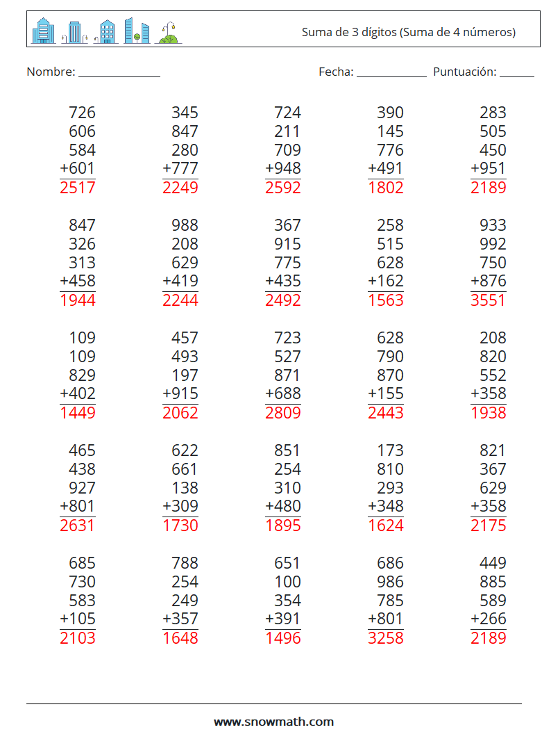 (25) Suma de 3 dígitos (Suma de 4 números) Hojas de trabajo de matemáticas 11 Pregunta, respuesta