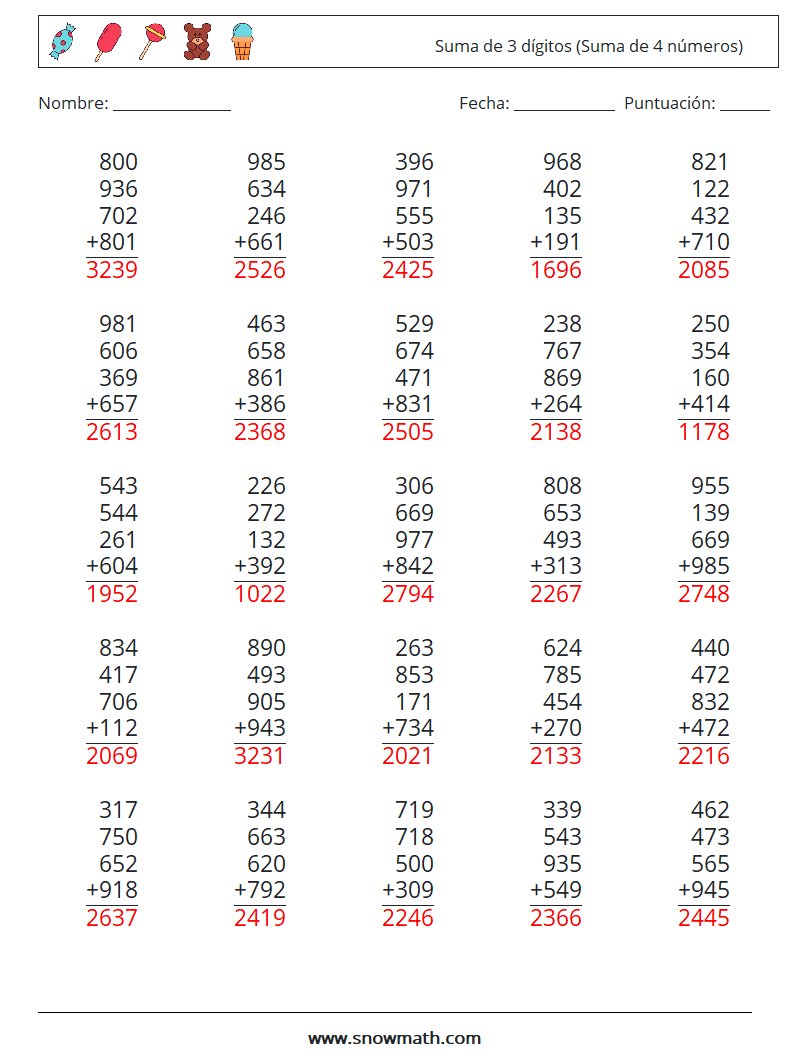 (25) Suma de 3 dígitos (Suma de 4 números) Hojas de trabajo de matemáticas 12 Pregunta, respuesta