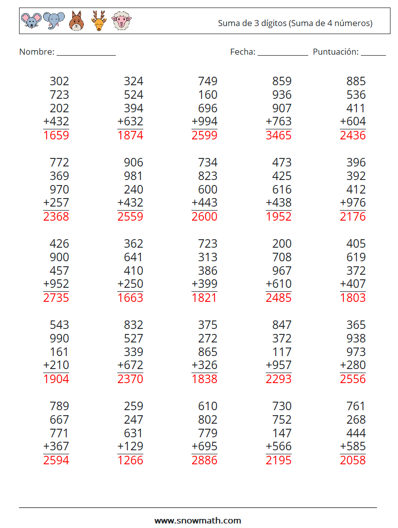 (25) Suma de 3 dígitos (Suma de 4 números) Hojas de trabajo de matemáticas 14 Pregunta, respuesta