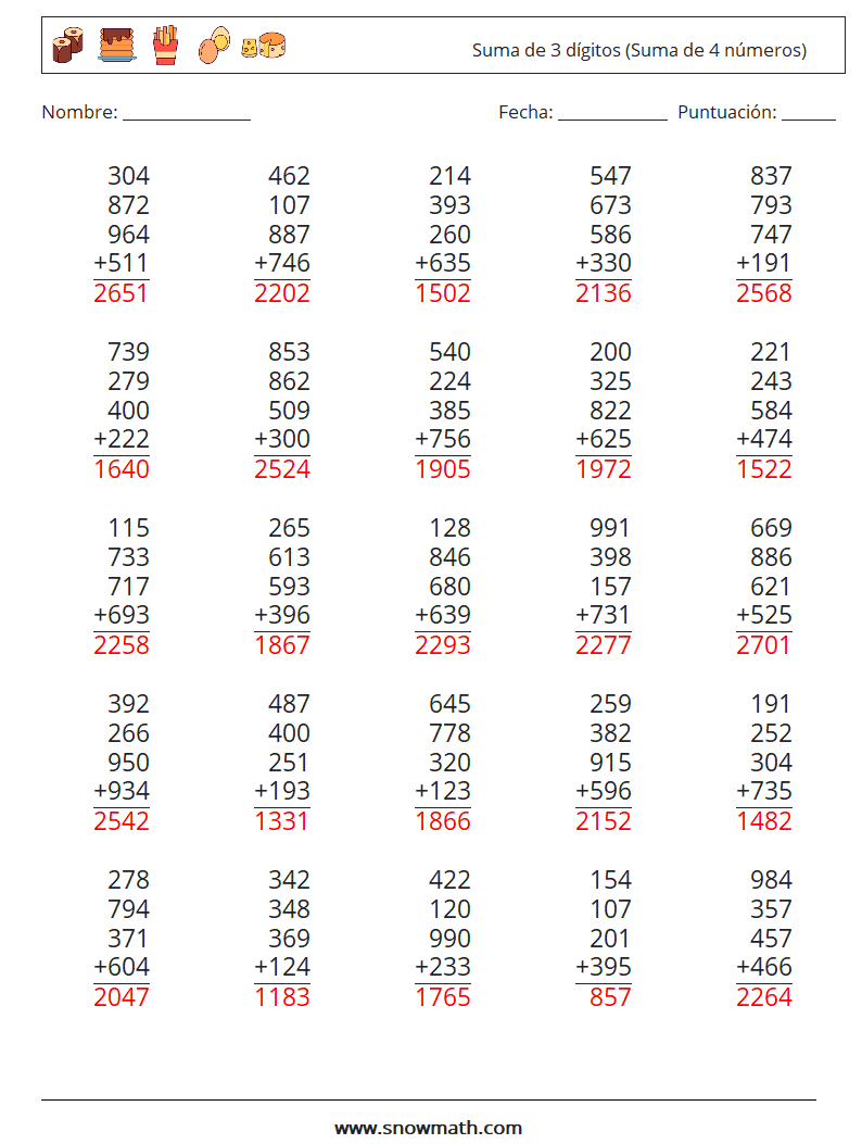 (25) Suma de 3 dígitos (Suma de 4 números) Hojas de trabajo de matemáticas 15 Pregunta, respuesta