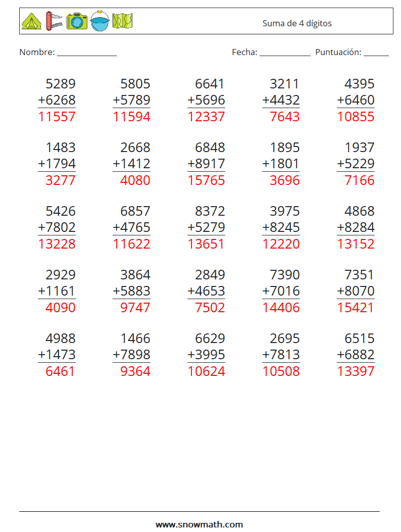 (25) Suma de 4 dígitos Hojas de trabajo de matemáticas 12 Pregunta, respuesta