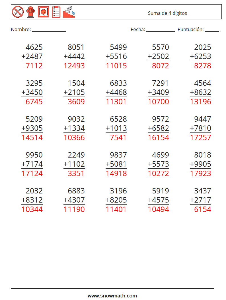 (25) Suma de 4 dígitos Hojas de trabajo de matemáticas 14 Pregunta, respuesta