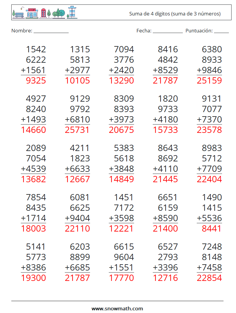 (25) Suma de 4 dígitos (suma de 3 números) Hojas de trabajo de matemáticas 11 Pregunta, respuesta