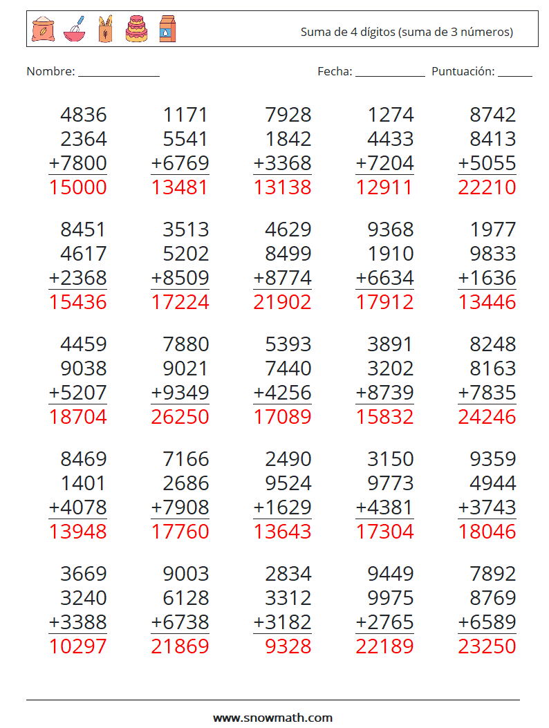 (25) Suma de 4 dígitos (suma de 3 números) Hojas de trabajo de matemáticas 12 Pregunta, respuesta