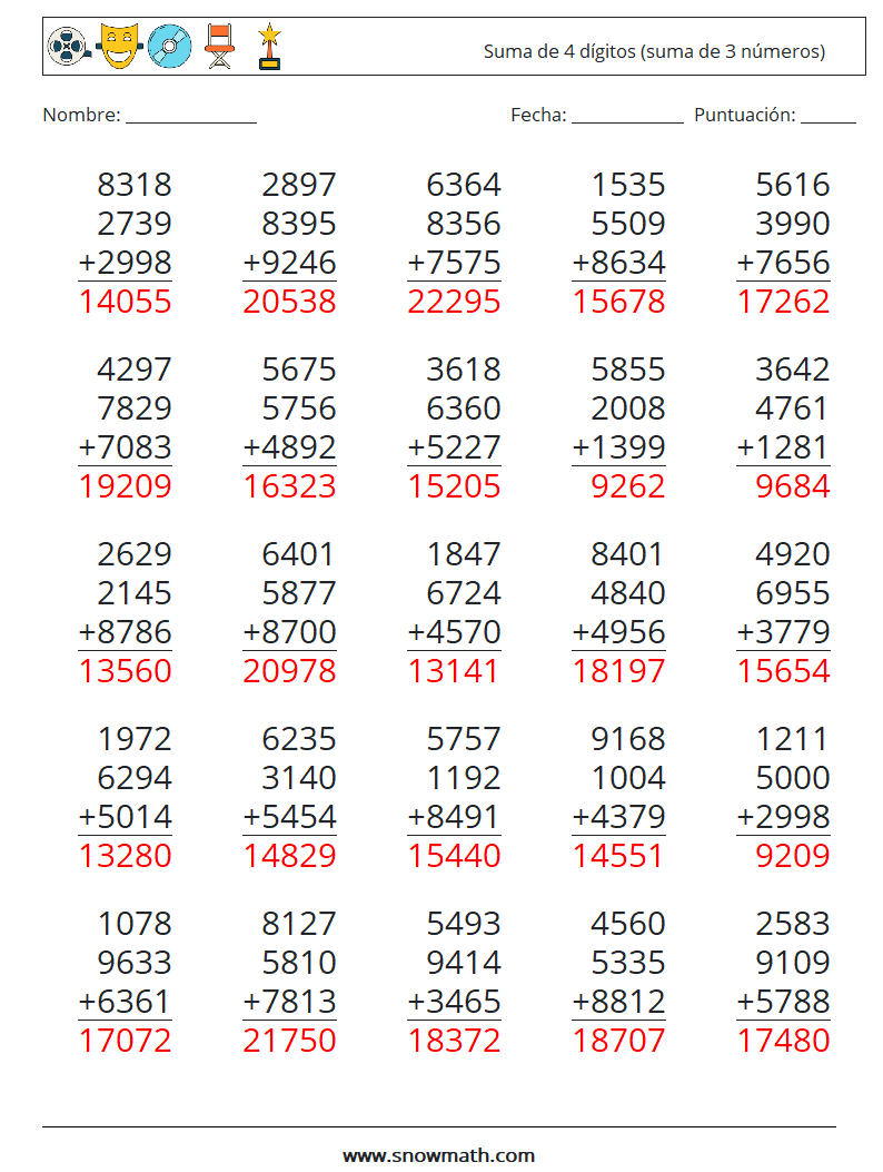 (25) Suma de 4 dígitos (suma de 3 números) Hojas de trabajo de matemáticas 17 Pregunta, respuesta