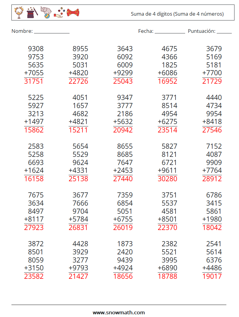 (25) Suma de 4 dígitos (Suma de 4 números) Hojas de trabajo de matemáticas 11 Pregunta, respuesta