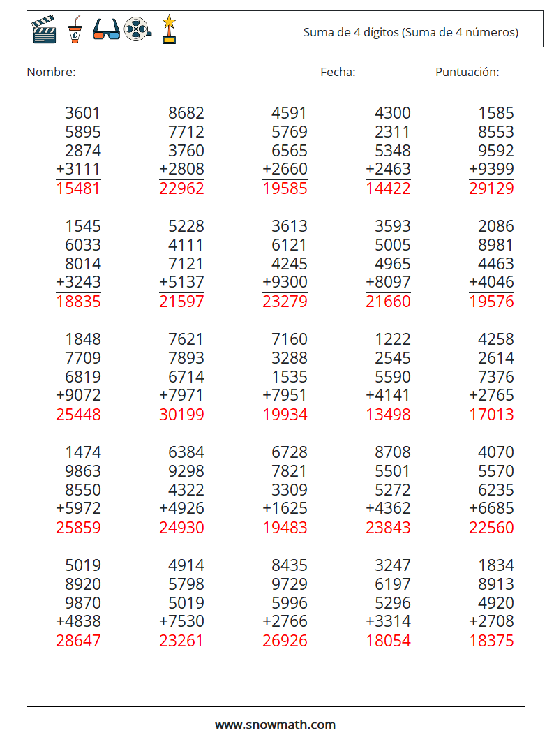 (25) Suma de 4 dígitos (Suma de 4 números) Hojas de trabajo de matemáticas 12 Pregunta, respuesta