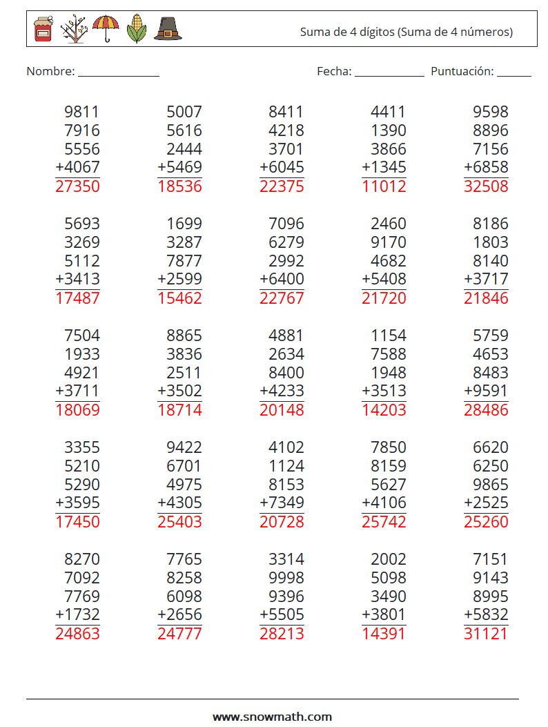 (25) Suma de 4 dígitos (Suma de 4 números) Hojas de trabajo de matemáticas 13 Pregunta, respuesta