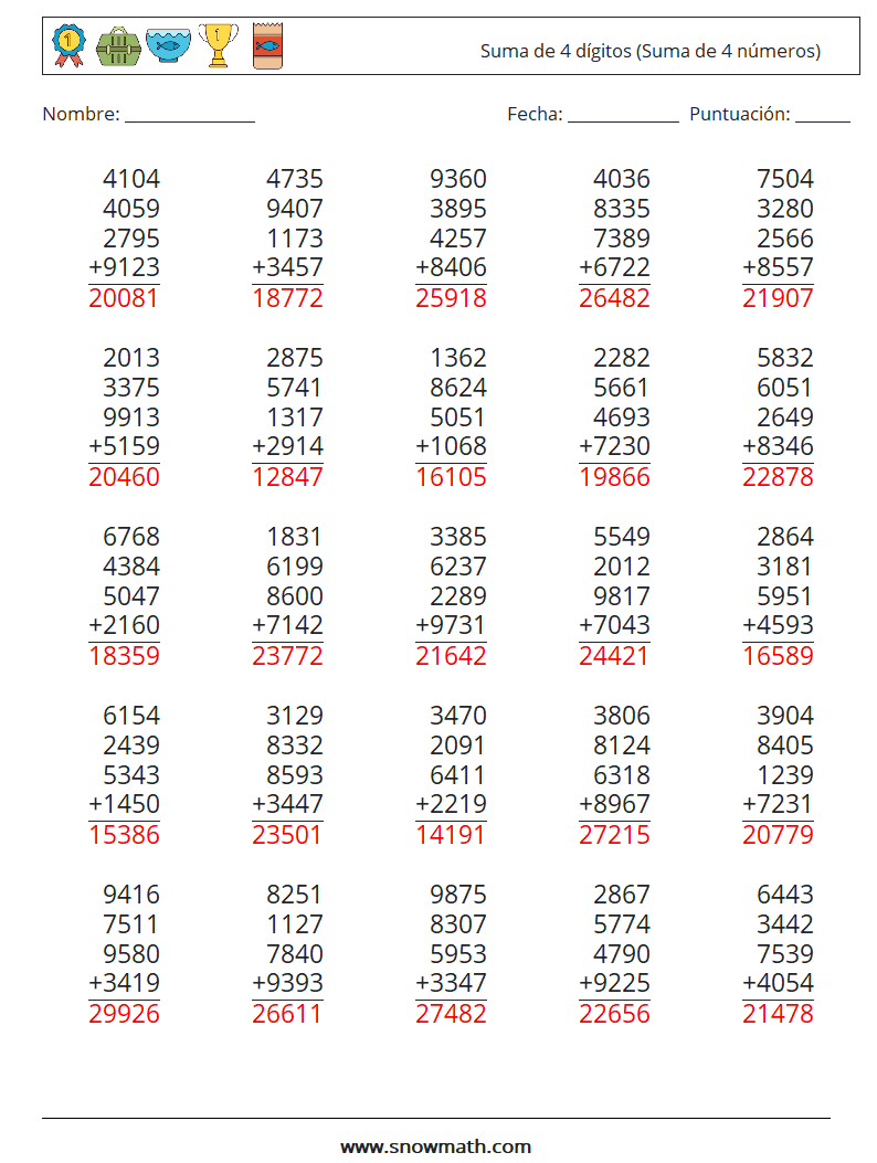 (25) Suma de 4 dígitos (Suma de 4 números) Hojas de trabajo de matemáticas 14 Pregunta, respuesta