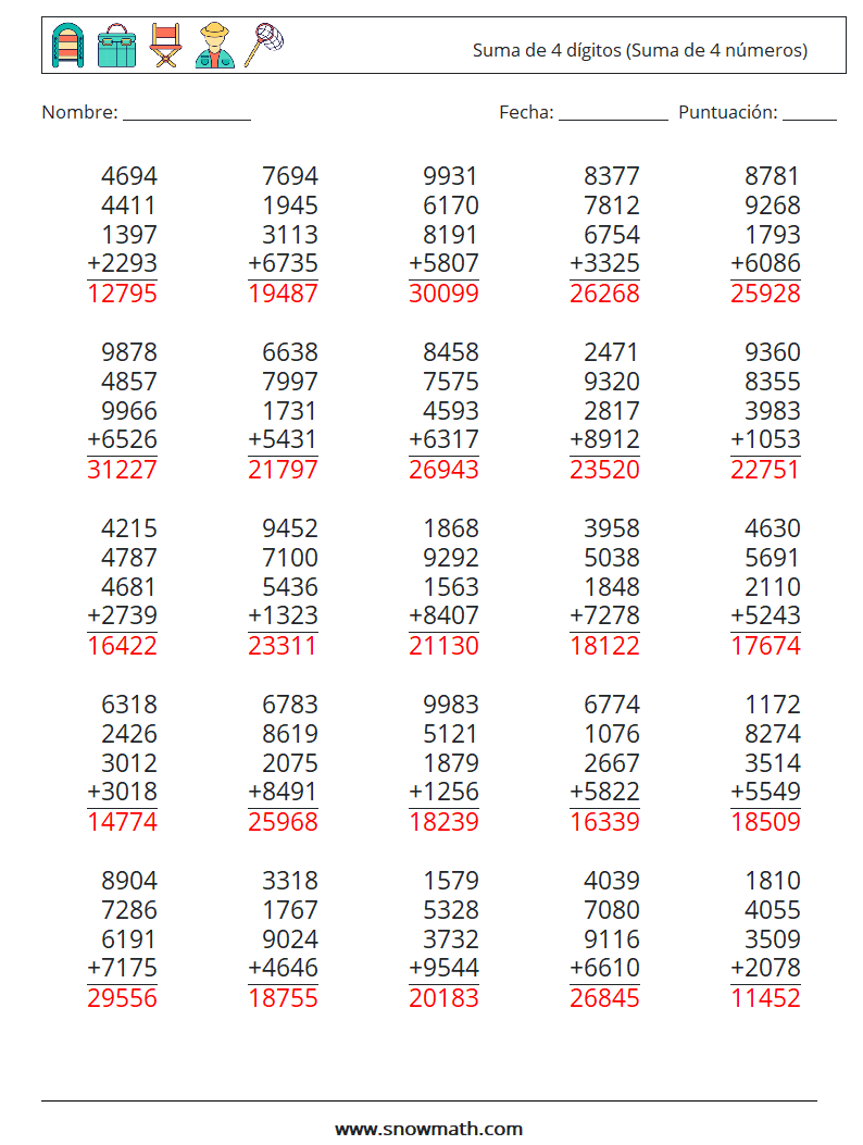 (25) Suma de 4 dígitos (Suma de 4 números) Hojas de trabajo de matemáticas 18 Pregunta, respuesta