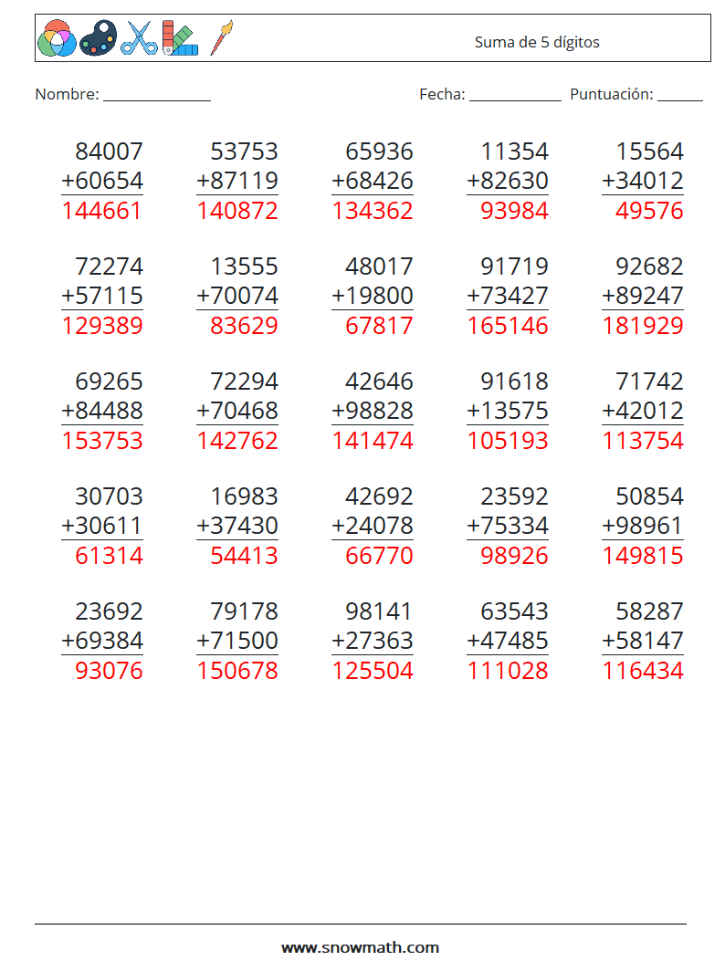 (25) Suma de 5 dígitos Hojas de trabajo de matemáticas 12 Pregunta, respuesta