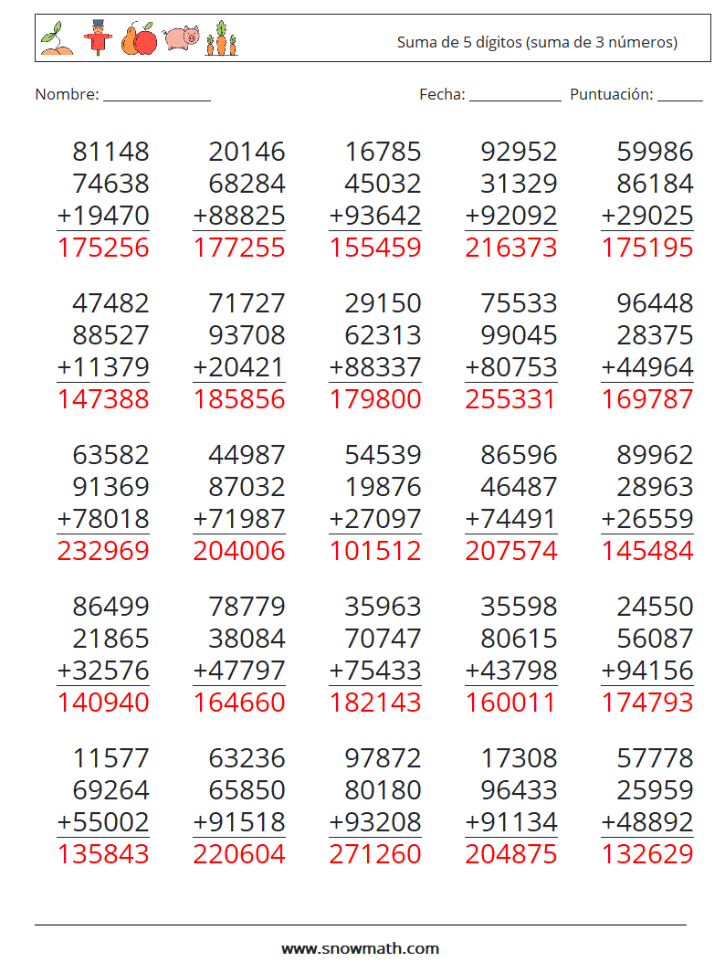 (25) Suma de 5 dígitos (suma de 3 números) Hojas de trabajo de matemáticas 12 Pregunta, respuesta