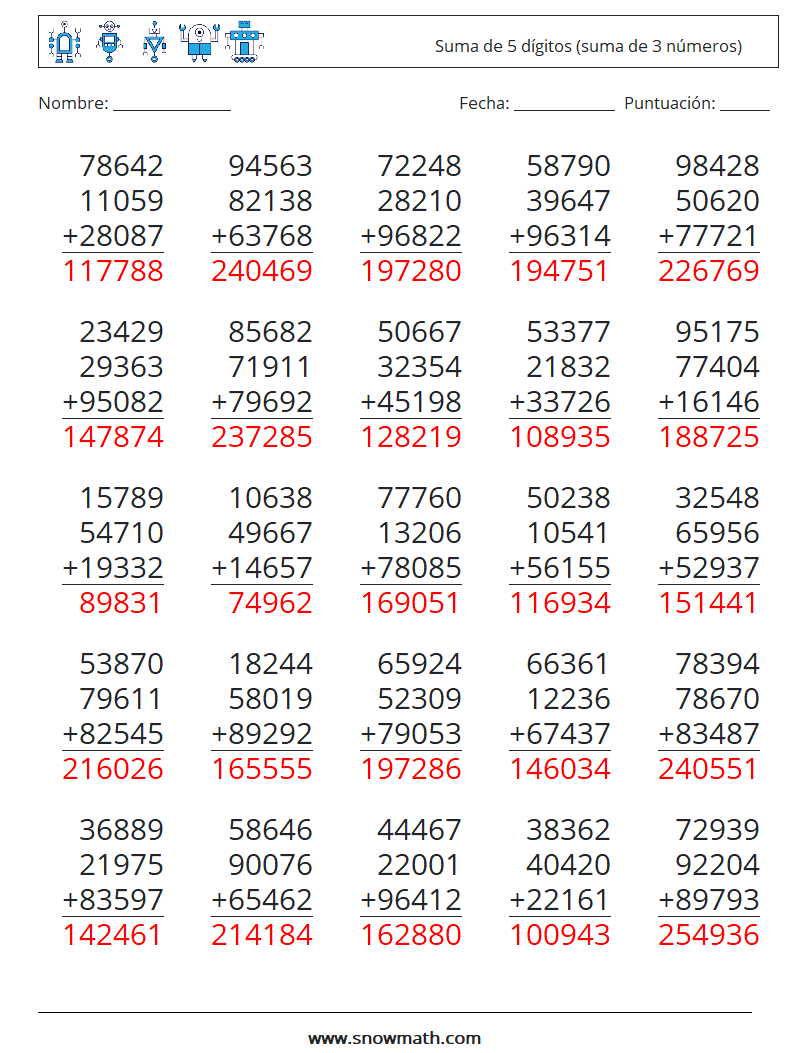 (25) Suma de 5 dígitos (suma de 3 números) Hojas de trabajo de matemáticas 14 Pregunta, respuesta