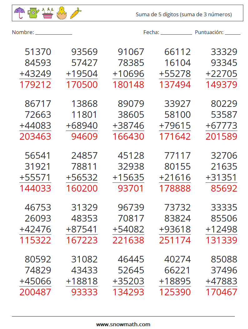 (25) Suma de 5 dígitos (suma de 3 números) Hojas de trabajo de matemáticas 18 Pregunta, respuesta