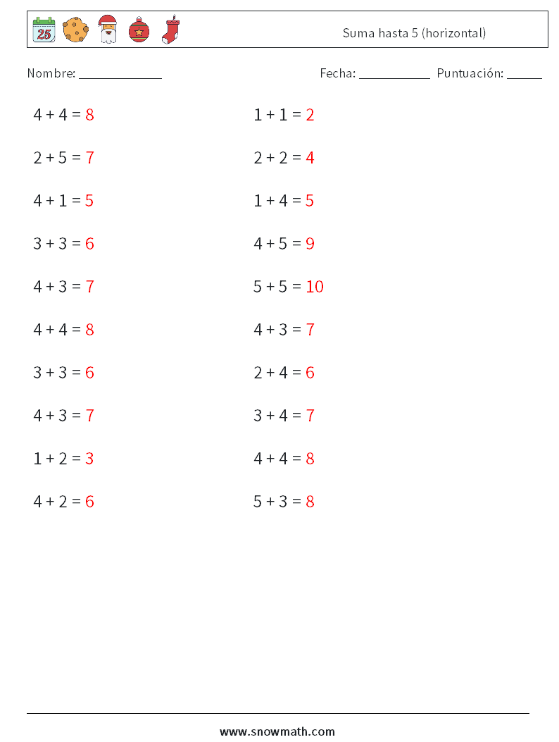 (20) Suma hasta 5 (horizontal) Hojas de trabajo de matemáticas 1 Pregunta, respuesta