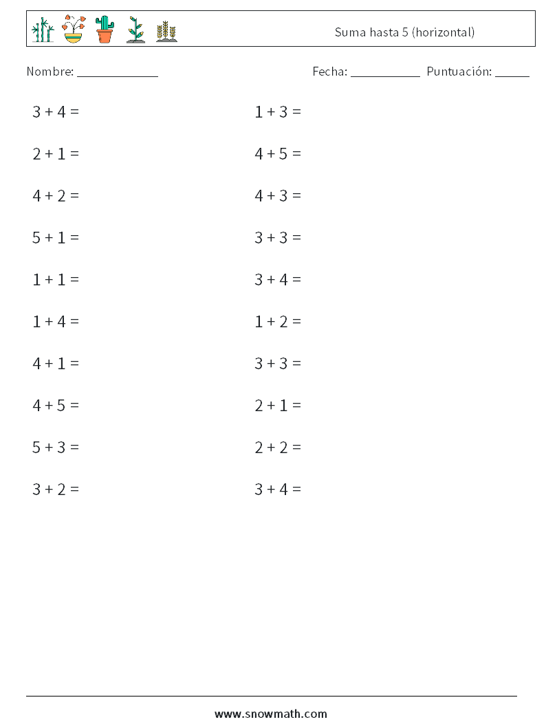 (20) Suma hasta 5 (horizontal) Hojas de trabajo de matemáticas 3
