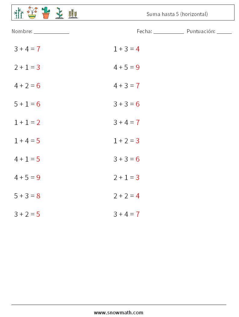 (20) Suma hasta 5 (horizontal) Hojas de trabajo de matemáticas 3 Pregunta, respuesta
