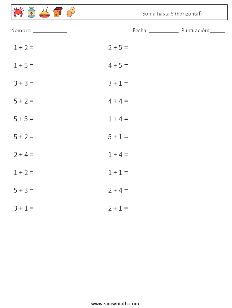 (20) Suma hasta 5 (horizontal) Hojas de trabajo de matemáticas 4