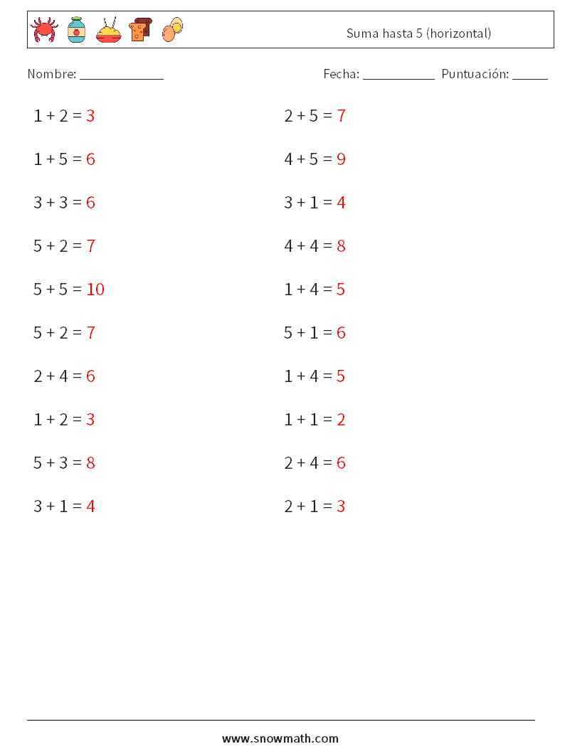 (20) Suma hasta 5 (horizontal) Hojas de trabajo de matemáticas 4 Pregunta, respuesta
