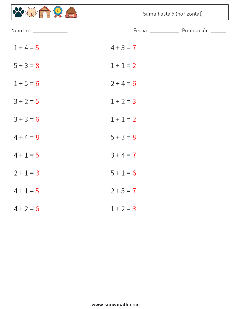 (20) Suma hasta 5 (horizontal) Hojas de trabajo de matemáticas 5 Pregunta, respuesta