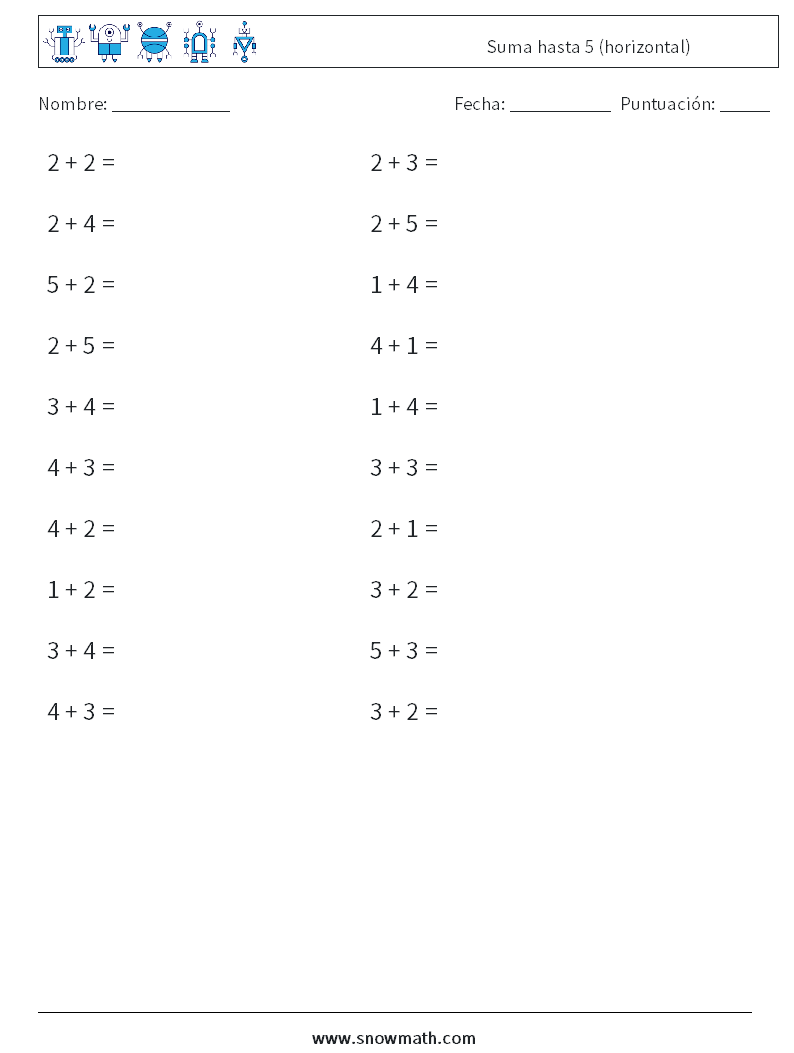 (20) Suma hasta 5 (horizontal) Hojas de trabajo de matemáticas 6