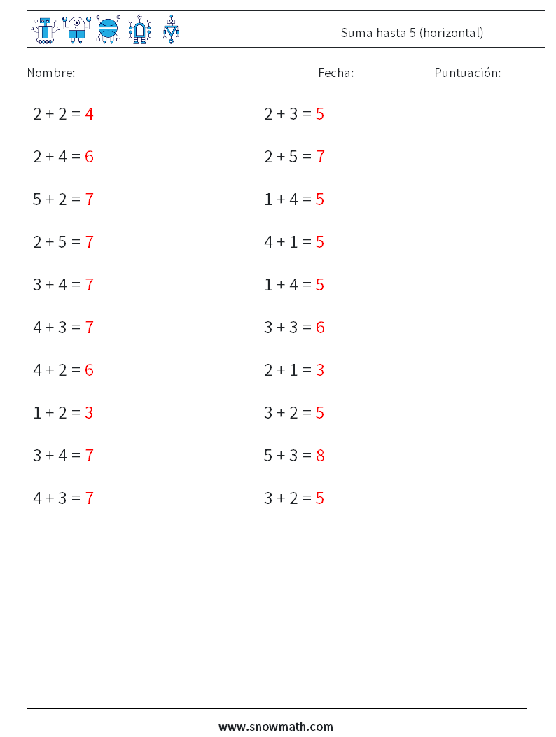 (20) Suma hasta 5 (horizontal) Hojas de trabajo de matemáticas 6 Pregunta, respuesta