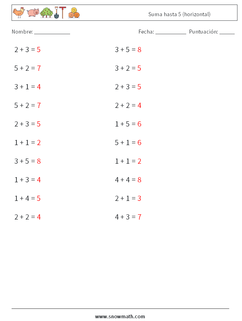 (20) Suma hasta 5 (horizontal) Hojas de trabajo de matemáticas 7 Pregunta, respuesta