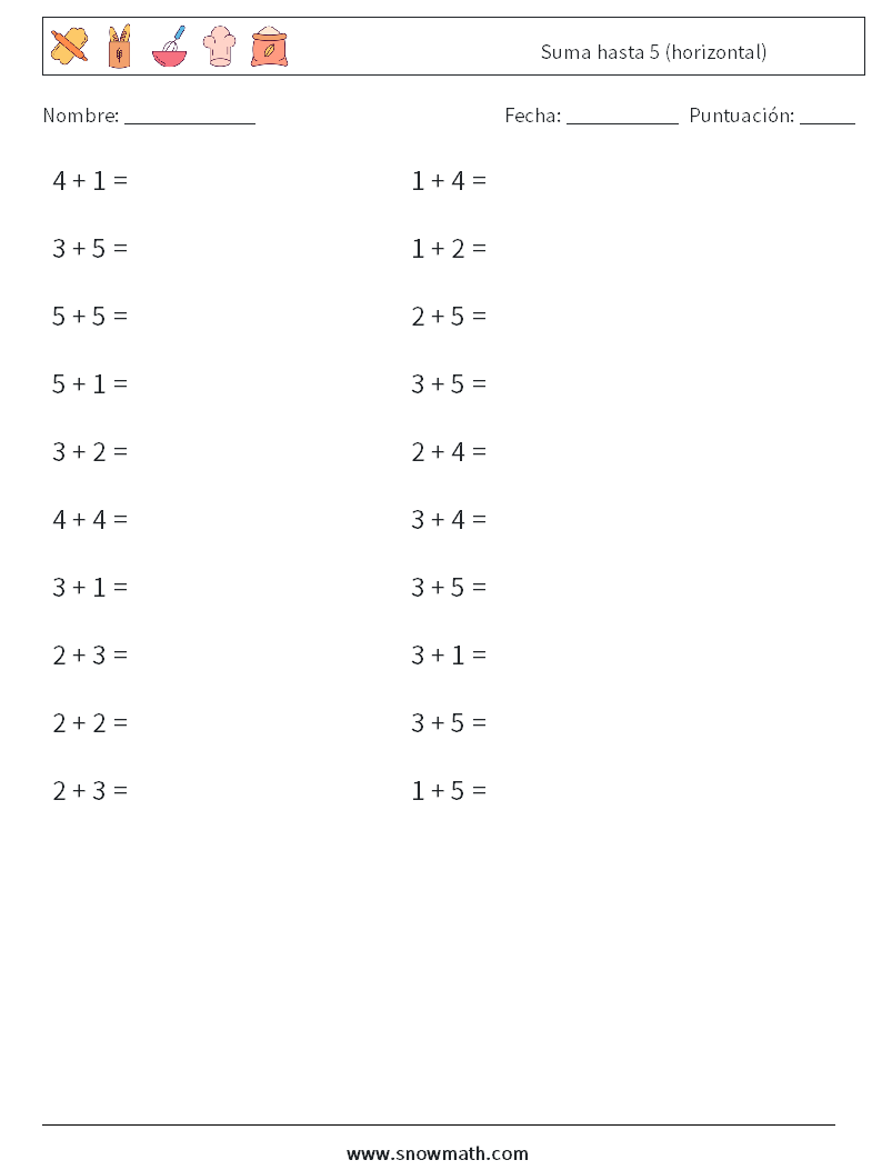 (20) Suma hasta 5 (horizontal) Hojas de trabajo de matemáticas 9
