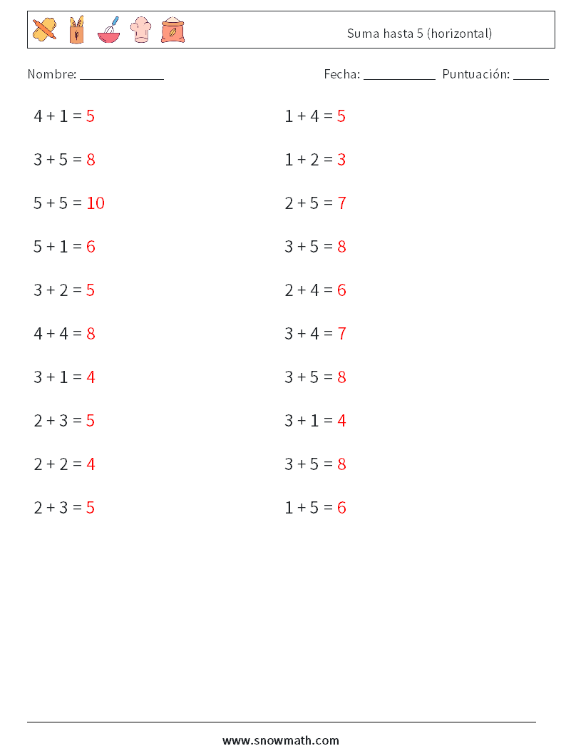 (20) Suma hasta 5 (horizontal) Hojas de trabajo de matemáticas 9 Pregunta, respuesta