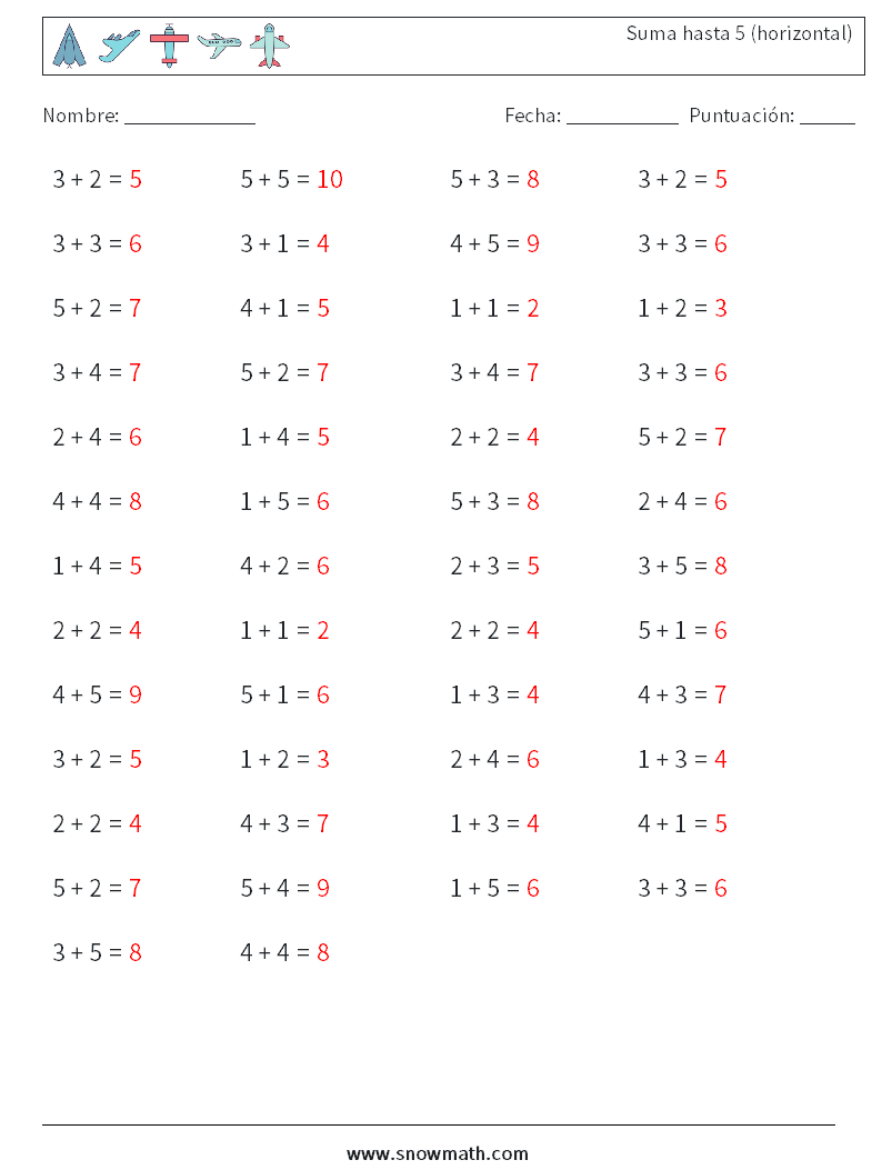 (50) Suma hasta 5 (horizontal) Hojas de trabajo de matemáticas 1 Pregunta, respuesta