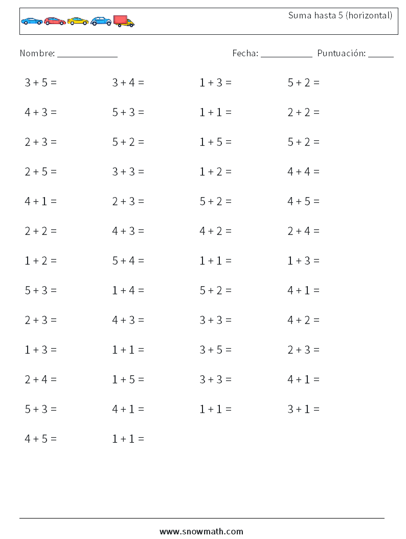 (50) Suma hasta 5 (horizontal) Hojas de trabajo de matemáticas 2