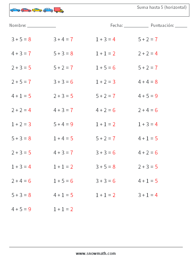 (50) Suma hasta 5 (horizontal) Hojas de trabajo de matemáticas 2 Pregunta, respuesta