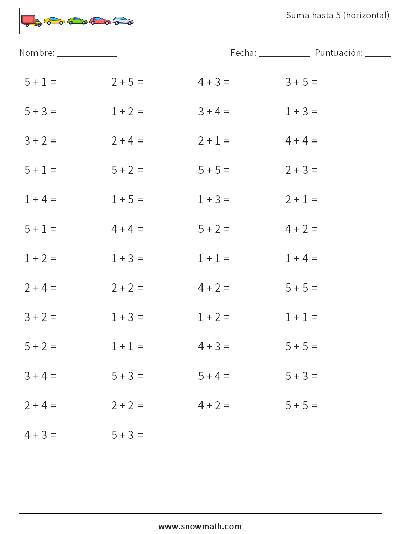 (50) Suma hasta 5 (horizontal) Hojas de trabajo de matemáticas 3