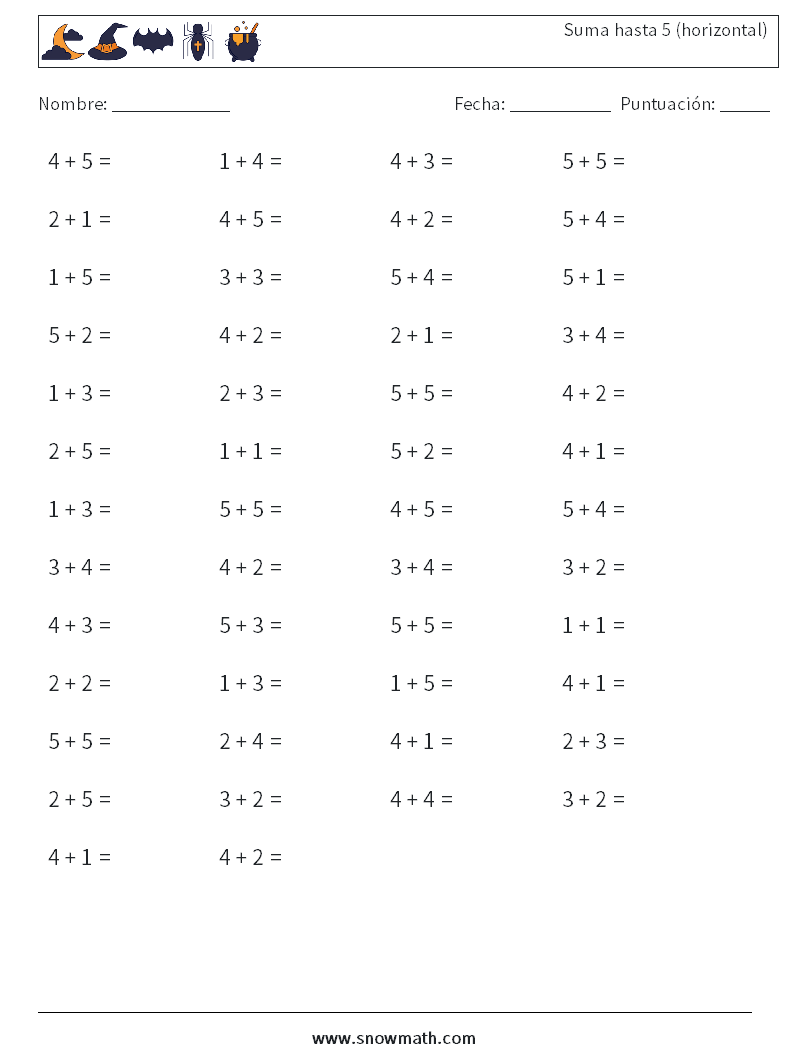 (50) Suma hasta 5 (horizontal) Hojas de trabajo de matemáticas 4