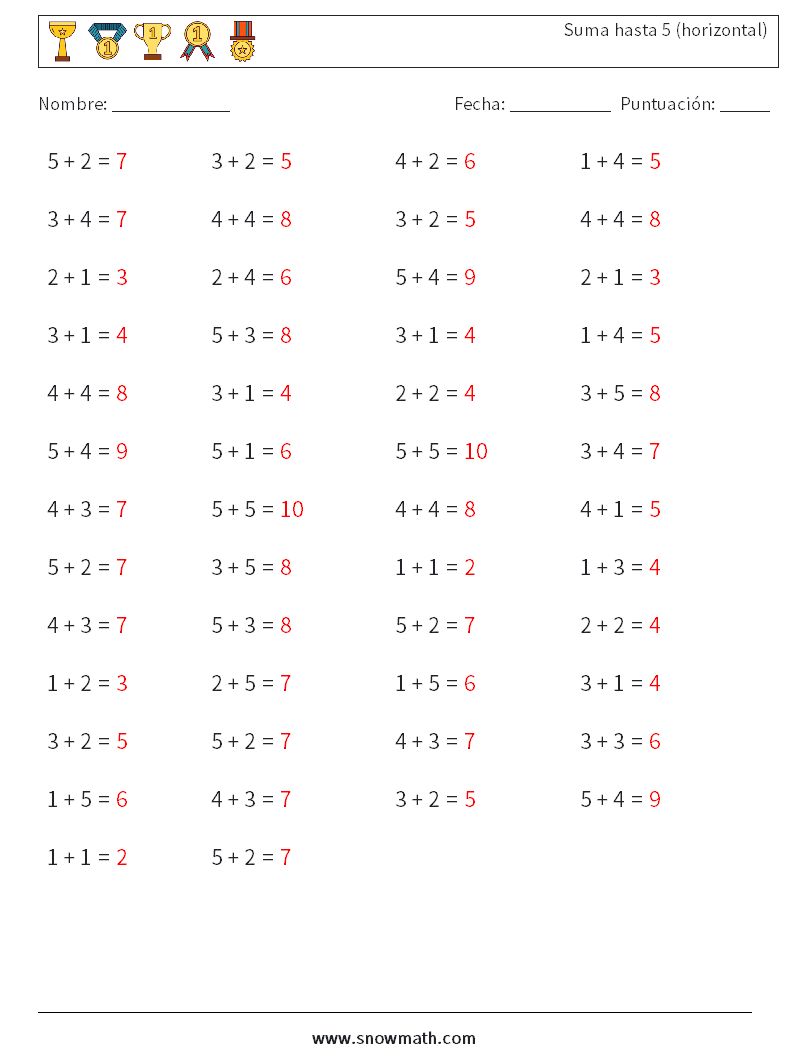 (50) Suma hasta 5 (horizontal) Hojas de trabajo de matemáticas 5 Pregunta, respuesta