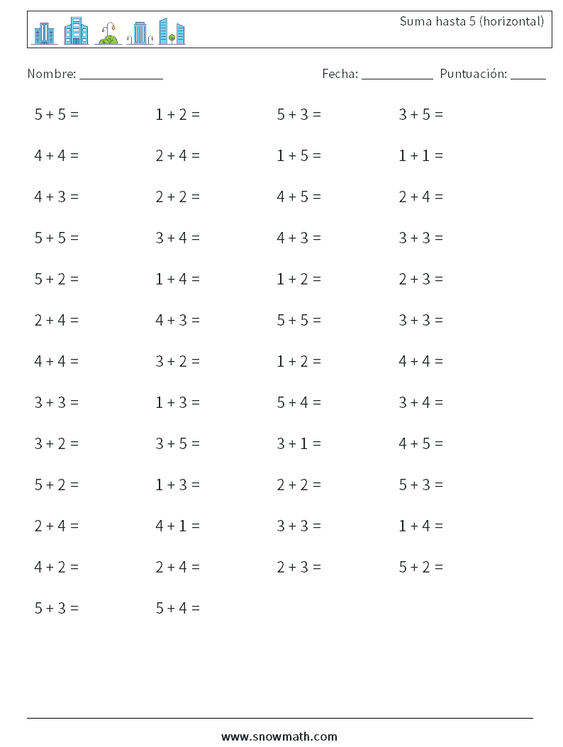 (50) Suma hasta 5 (horizontal) Hojas de trabajo de matemáticas 6