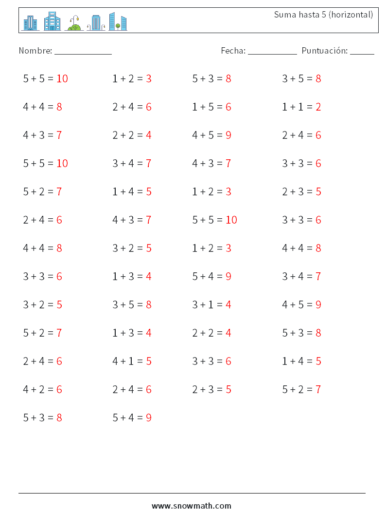 (50) Suma hasta 5 (horizontal) Hojas de trabajo de matemáticas 6 Pregunta, respuesta