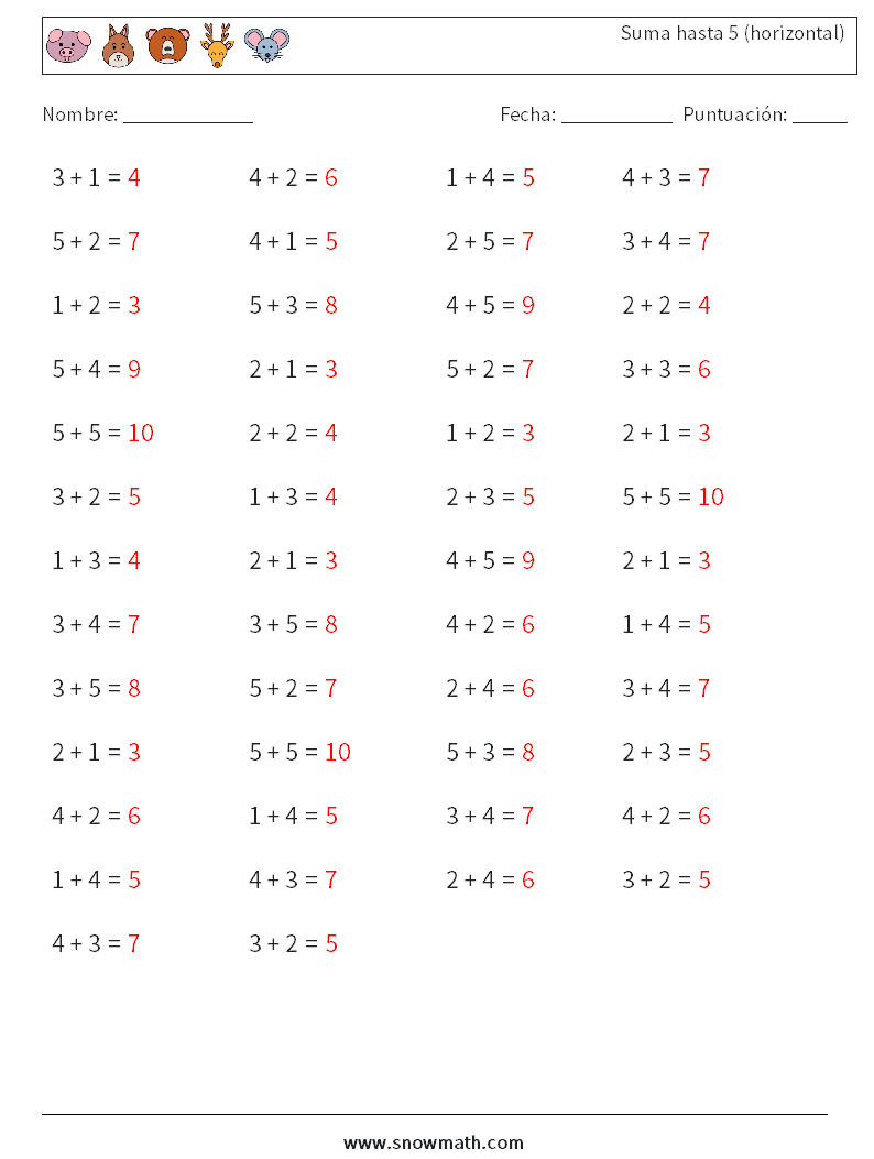 (50) Suma hasta 5 (horizontal) Hojas de trabajo de matemáticas 7 Pregunta, respuesta