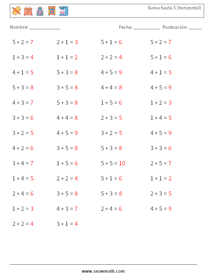 (50) Suma hasta 5 (horizontal) Hojas de trabajo de matemáticas 9 Pregunta, respuesta