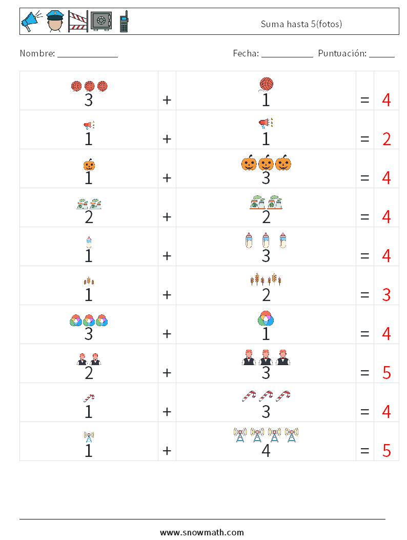 Suma hasta 5(fotos) Hojas de trabajo de matemáticas 10 Pregunta, respuesta