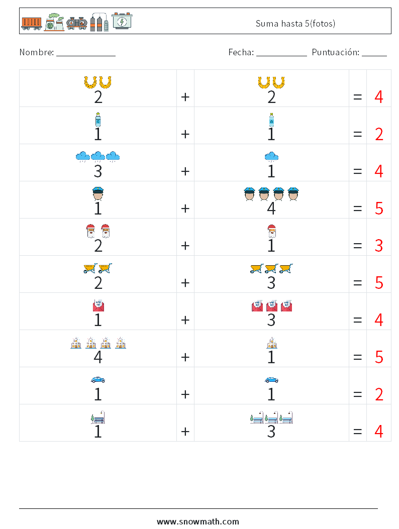 Suma hasta 5(fotos) Hojas de trabajo de matemáticas 15 Pregunta, respuesta