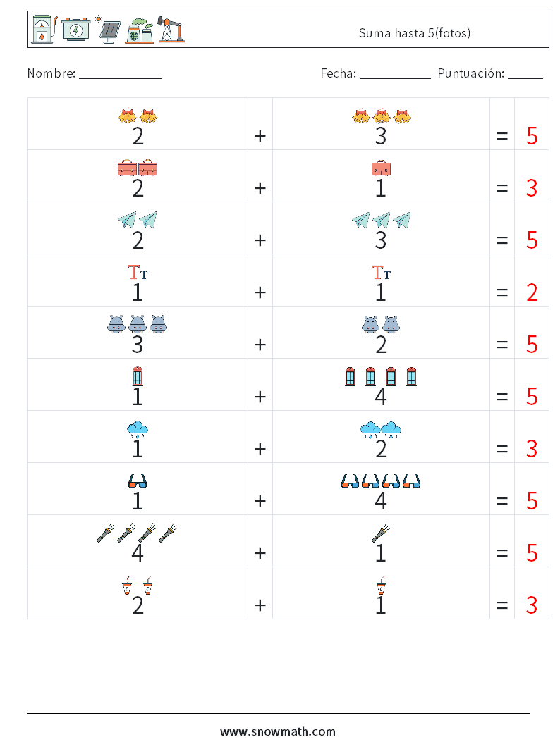 Suma hasta 5(fotos) Hojas de trabajo de matemáticas 18 Pregunta, respuesta