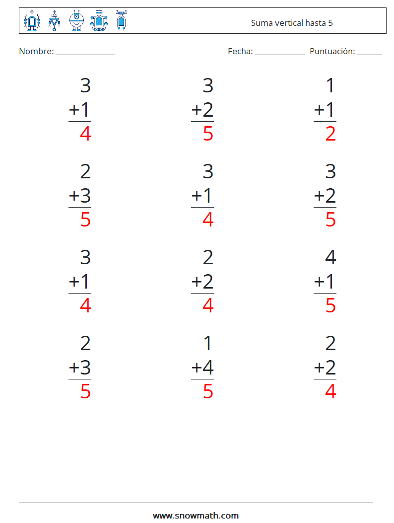 (12) Suma vertical hasta 5 Hojas de trabajo de matemáticas 1 Pregunta, respuesta